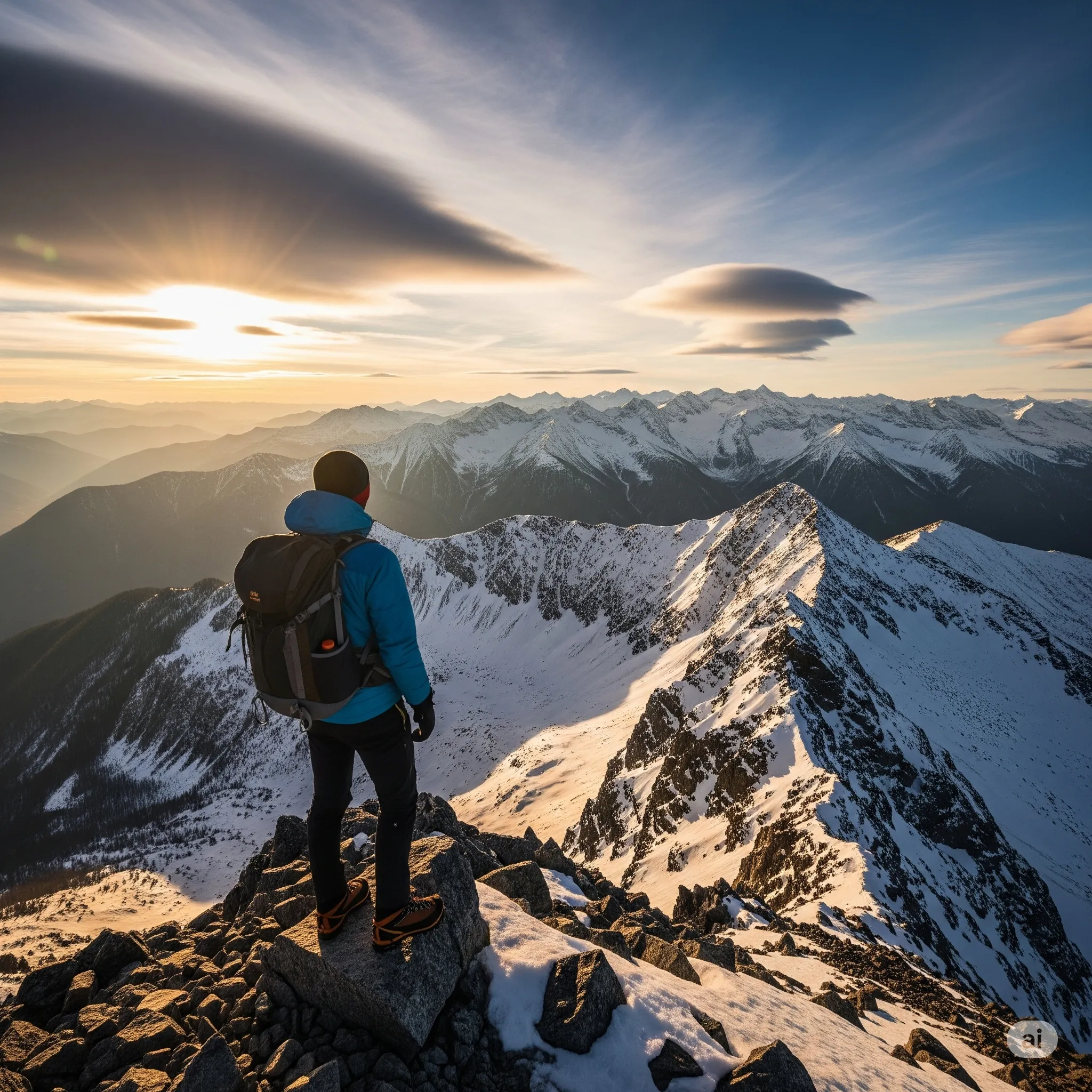 A hiker on top of a mountain, enjoying the view after an adventurous trek.